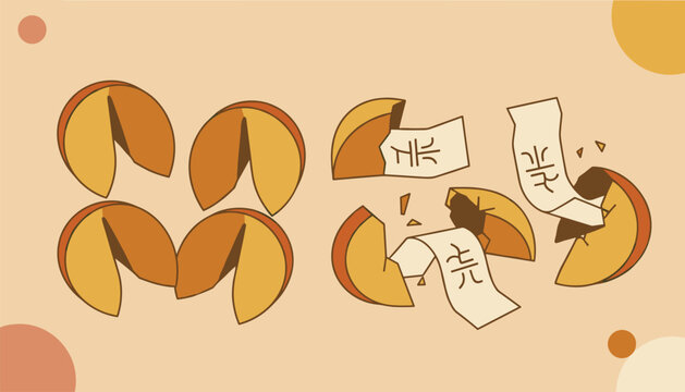 Traditional fortune cookies shown whole and cracked open with paper prediction slips on warm background.