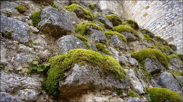 defensive. Weathered medieval castle stone walls showing texture, moss, and erosion, solid and imposing. real-estate listings.