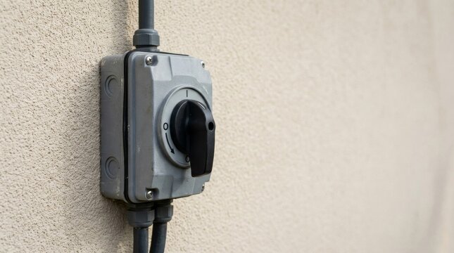 Industrial rotary electrical switch mounted on exterior textured wall