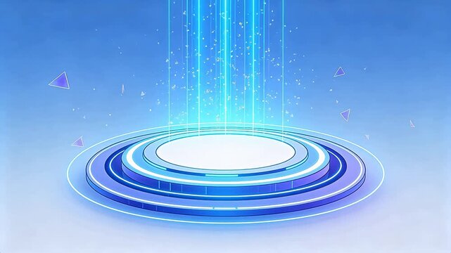 Futuristic circular platform with glowing light beams and floating triangles in blue purple gradient