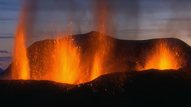 Fiery volcano eruption spewing molten lava and ash into the twilight sky