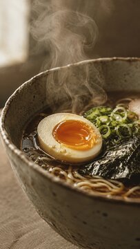 Close-up of a steaming bowl of Japanese ramen with a soft-boiled egg, green onion, nori seaweed, and noodles in rich dark broth served in a speckled ceramic bowl, warm earthy moody food photography