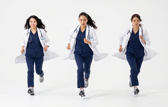 Team of three medical doctors in white coats running fast forward