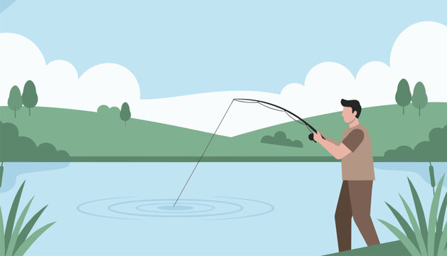 Fisherman catching fish with a long fishing rod in a calm green lake with hills and clouds in the background.