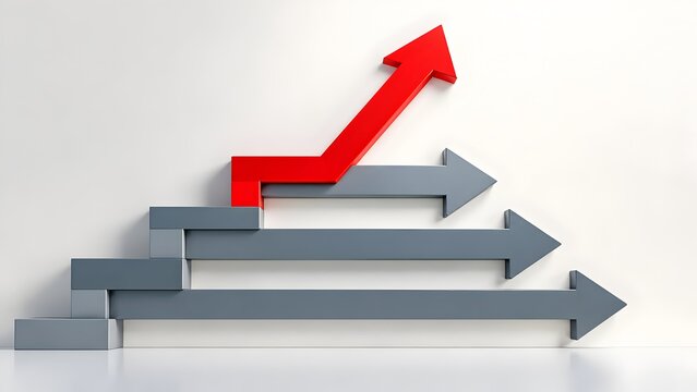 Red arrow rising upward on staircase steps showing business growth leadership and financial success concept