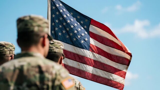 Patriot day. soldiers standing at attention before waving american flag