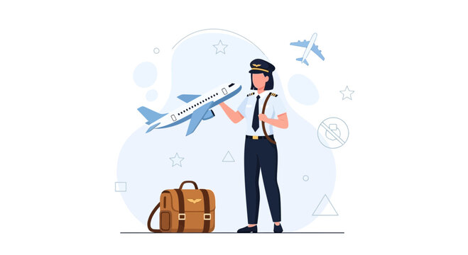 Female Pilot Holding Airplane Model with Luggage and Aircraft in Background - Vector Illustration