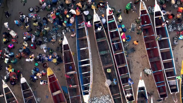 Aerial view of a bustling fishing village market with boats and fresh catch