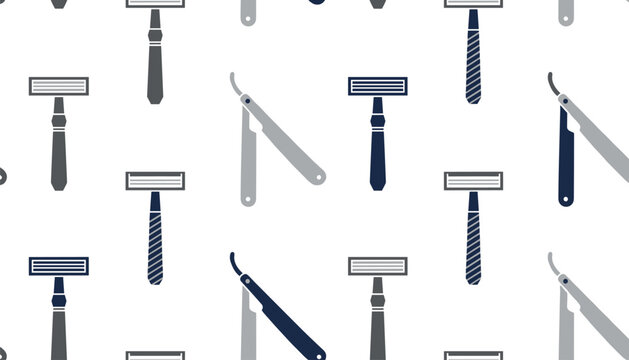 Seamless vector pattern featuring classic straight razors and modern safety razors representing male grooming and barber shops.