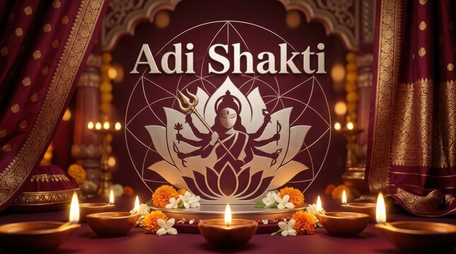 Adi shakti goddess durga illustration with glowing lotus and diyas in traditional red golden tone for festival decoration.