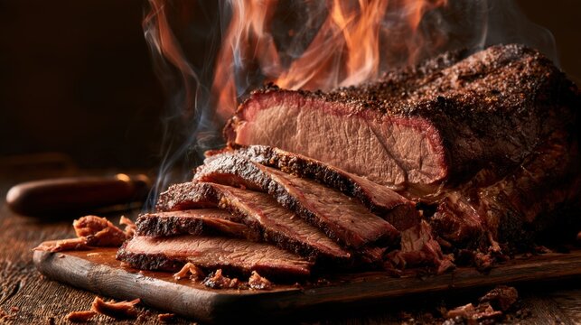 Close-up of juicy smoked beef brisket sliced on wooden board with visible smoke and flavorful crust