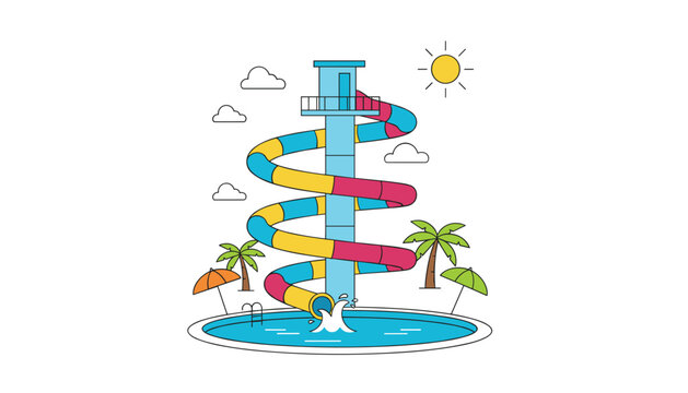 Giant colorful water slide looping down into a blue swimming pool in a tropical park with palm trees and sun.