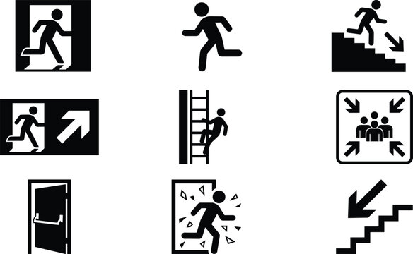 Emergency exit silhouette icon set featuring running man evacuation signs stairs ladder assembly point and open door symbols vector