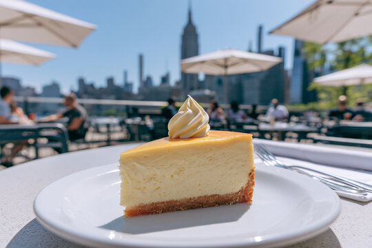 Delicious New York style cheesecake with city skyline view 