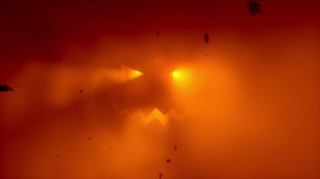 Glowing Halloween jack-o-lantern face in orange red fog with falling autumn leaves silhouettes. Spooky pumpkin glow atmospheric horror holiday background. Seamless loop 3d rendering animation.