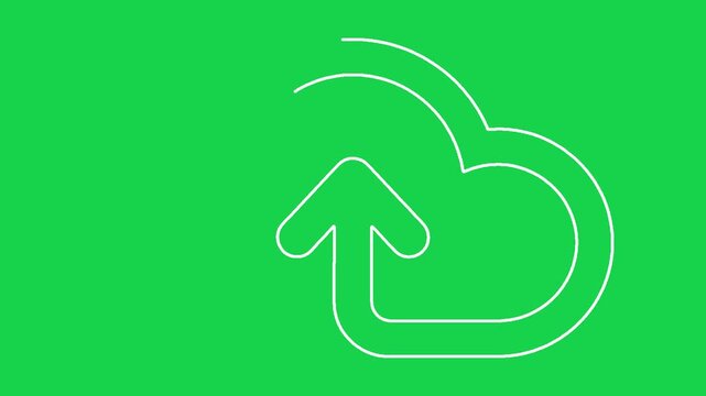 Cloud upload line icon animation appearing on green background with white outline strokes.