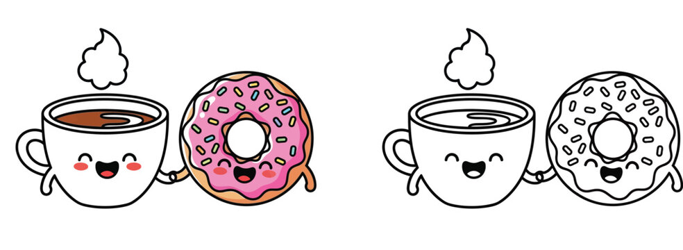 Cute Coffee Cup and Donut Best Friends Cartoon Vector Illustration and Coloring Page Outline