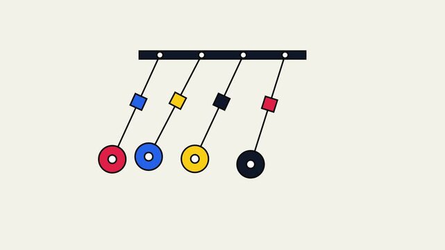 Newton's cradle motion with colorful geometric shapes and circles.