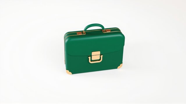Green briefcase sits isolated. Gold corners, handle present. Simple design, clean aesthetic. Minimalist studio shot.