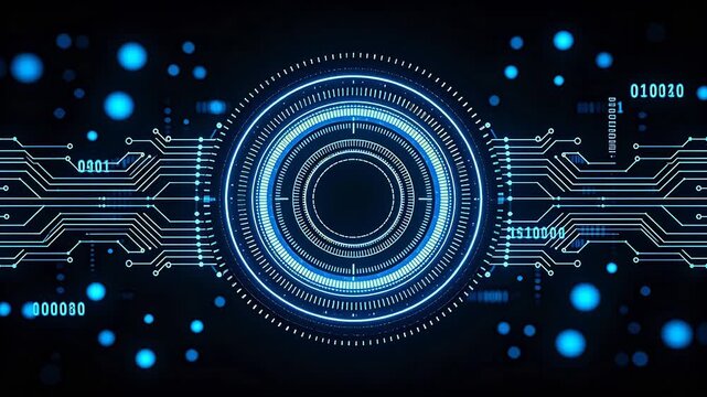 Multi-layer circular glowing pattern with circuit lines and binary code on black background
