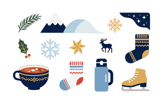 Winter Holiday Flat Illustration Set with Snowflakes, Mountain, Reindeer, Cozy Socks, Hot Drink, Thermos, Holly and Ice Skate