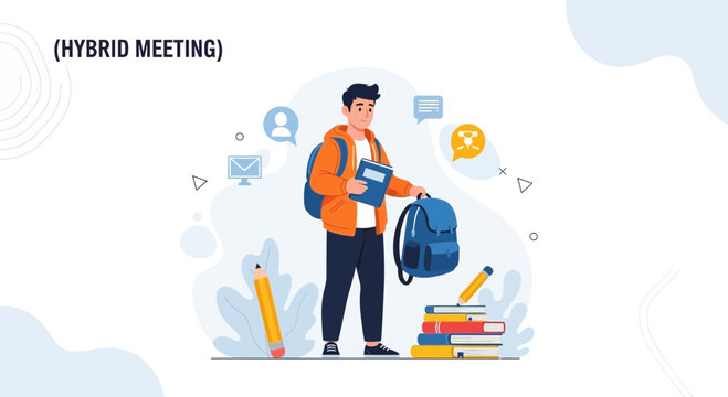 Student with Backpack and Books, Representing Hybrid Learning and Communication
