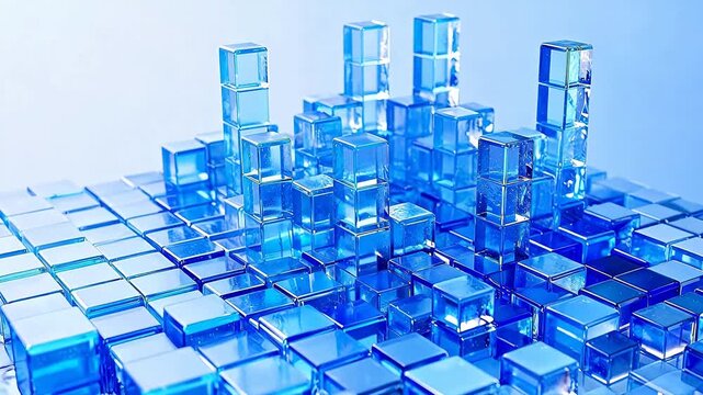 Abstract futuristic cityscape constructed from stacked transparent blue cube blocks
