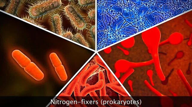 Scientific illustration of nitrogen-fixing prokaryotes converting atmospheric nitrogen into usable compounds.