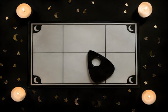 Spooky Halloween Flat Lay with Mystical Spiritual Board Planchette and Candles on Dark Background