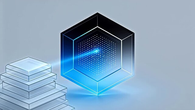 Transparent geometric cube structures with white dot matrix on white background