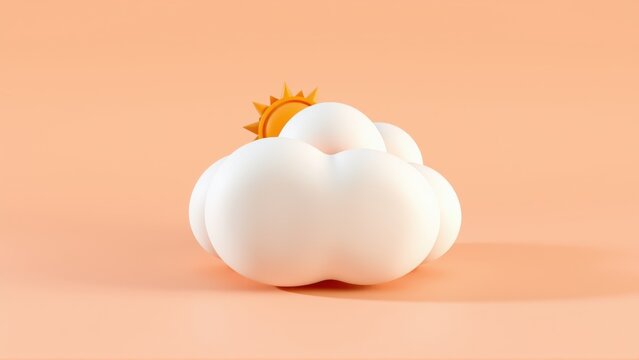 White cloud with orange sun above. Soft lighting, pastel background creates calm scene. Minimalist design, simple shapes.