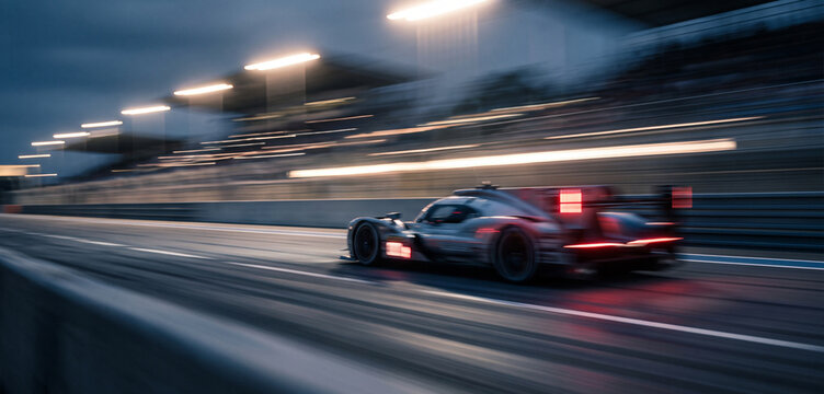 A powerful racing car speeds across a glowing track, dissolving into dramatic motion trails and creamy defocus, creating an energetic, cinematic wallpaper filled with intense movement.