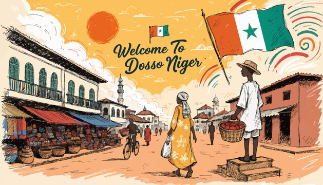 dosso niger cityscape, people walking on street with flags