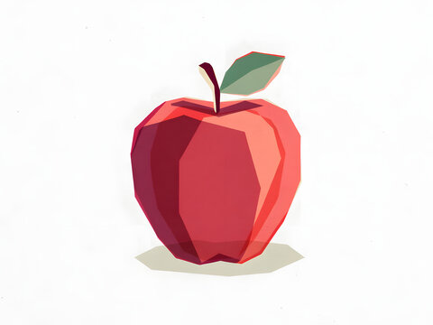 Low poly red apple illustration with a green leaf isolated on white background
