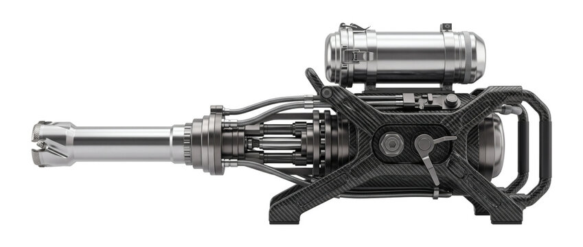 Industrial pneumatic rivet gun, heavy duty metallic aircraft assembly pneumatic blind rivet installation tool with hoses. Aerospace manufacturing hardware on transparent background.