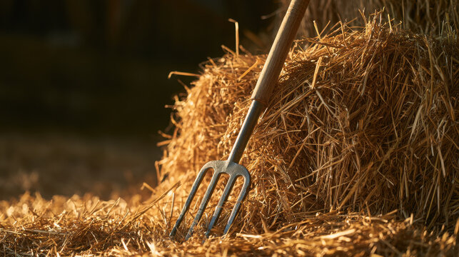 Pitchfork stuck in haystack in rural farm field with golden straw light  