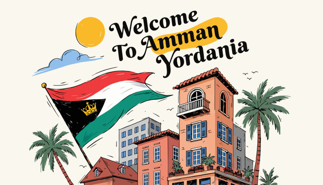 Welcome to Amman, Jordan - Cityscape with Flag