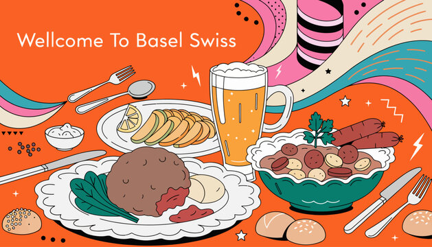 Traditional Swiss food and beer on colorful table