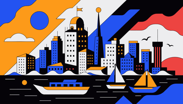 Vibrant city skyline with sailboats and buildings