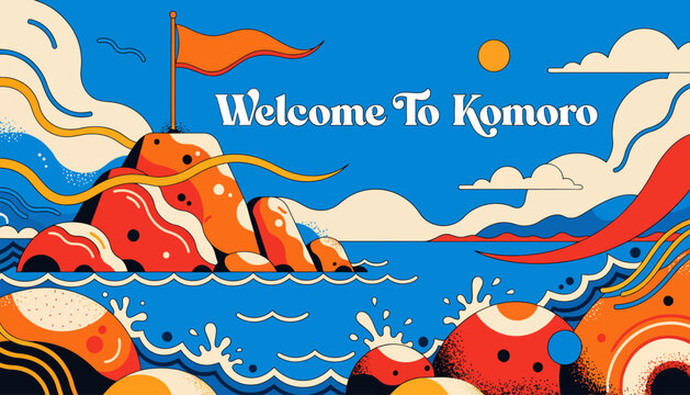 welcome to komoro, colorful illustration of island landscape