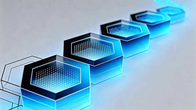 Hexagonal devices with white dot matrix arranged in diagonal perspective on light background