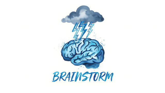 Watercolor illustration of a human brain with a storm cloud and lightning