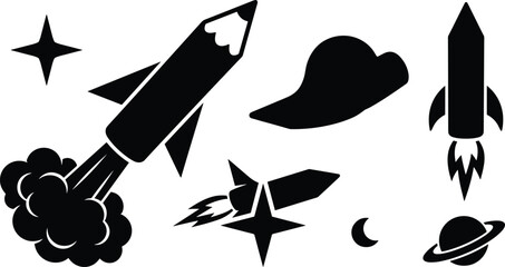 Creative Pencil Rocket Silhouette Icon Set with Flying Spaceships Saturn Planet Moon Cloud and Stars for School Education Graphic Designs © MD
