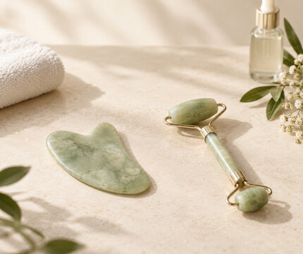 Jade gua sha and facial roller skincare tools