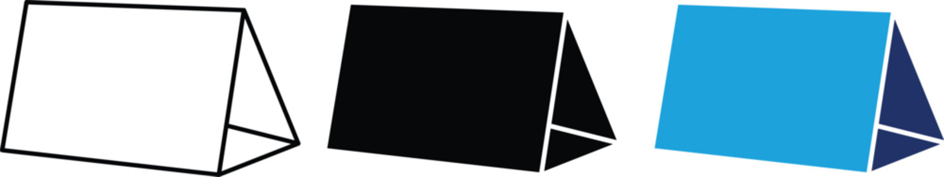 Table tent icon set with outline, solid, and duotone place card symbols for restaurant, event, and conference applications.