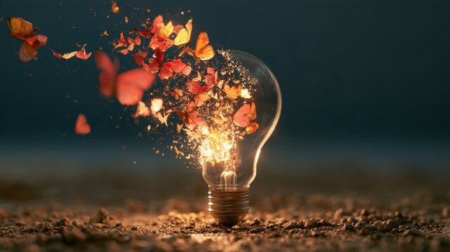 Creative concept of vintage incandescent light bulb breaking apart with glowing sparks and colorful butterflies flying out on dark background