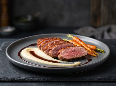 Seared duck breast sliced with puree and roasted carrots on plate
