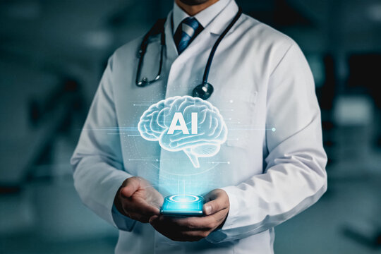 A medical professional uses AI-powered holographic brain interface for modern medical technology in a clinical setting.