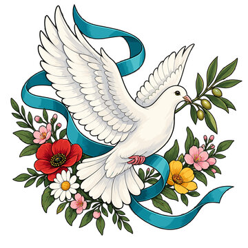 Peace Dove With Olive Branch and Flowers Color Vector Illustration