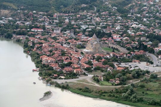 View of Mtskheta with Svetitskhoveli Cathedral and the Mtkvari River, Georgia.